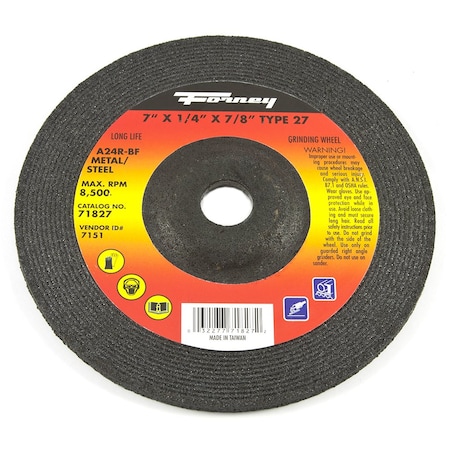 Forney Grinding Wheel, Metal, Type 27, 7 in x 1/4 in x 7/8 in 71827